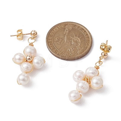 Grade A Natural Pearl Cross Dangle Stud Earrings EJEW-JE05360-1