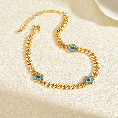 Brass Enamel Flower Link Chain Anklets for Women OS0733-1