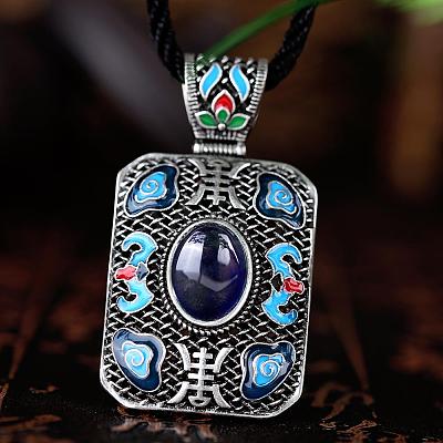 National Style Necklaces Antique Silver Plated Brass Corundum Gemstone Pendant Necklaces NJEW-BB00618-03-1