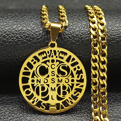 201 Stainless Steel Saint Benedict Medal Pendant Necklaces with Cuban Link Chains for Men FS-WG2A1DE-02-1