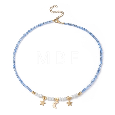 Moon & Star Brass Pendant Necklace with Glass Seed Beaded Chains for Women NJEW-JN04391-1