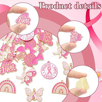18Pcs 9 Styles Breast Cancer Awareness Ribbon Zinc Alloy Enamel Pendants ENAM-FS0004-45-1
