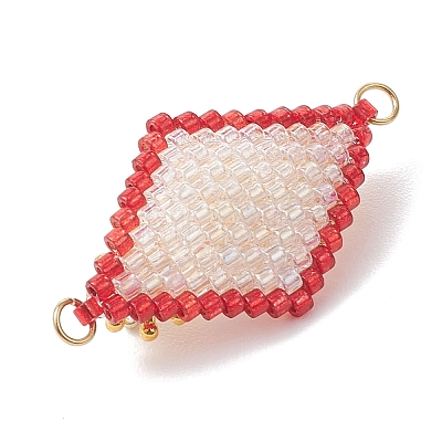 Imitation Pearl & Glass Seed Beaded Floral Rhombus Links Connector Charms PALLOY-MZ01182-02-1