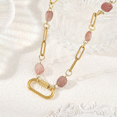 Natural Strawberry Quartz Nuggets Beaded Chain Necklaces NJEW-JN06508-02-1