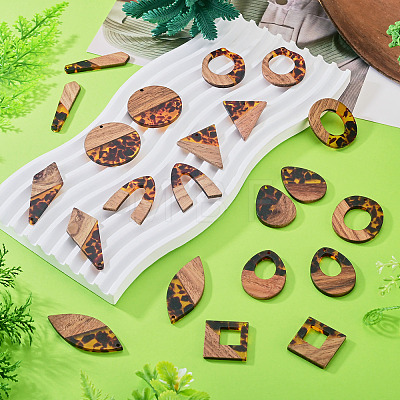 22Pcs 11 Styles Transparwnt Resin & Walnut Wood Pendants RESI-TA0005-75-1