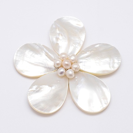 Natural White Shell Mother of Pearl Shell Flower Big Pendants X-SSHEL-J032MS-05-1