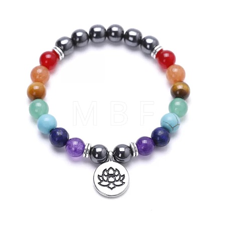 Alloy Lotus Flower Charm Chakra Round Gemstone Beaded Stretch Bracelets ID6522-4-1