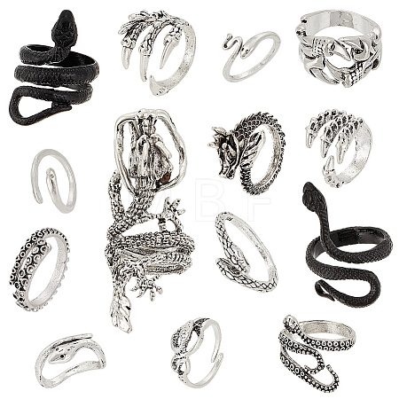 14Pcs 14 Style Snake & Dragon Alloy Cuff Rings Set RJEW-PH0001-13-1