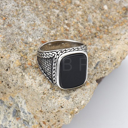 304 Stainless Steel with Natural Black Agate Finger Rings FS-WG67565-04-1