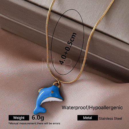 Vintage 304 Stainless Steel Deep Sky Blue Enamel Pendant Round Snake Chain Necklaces for Women XE2810-4-1