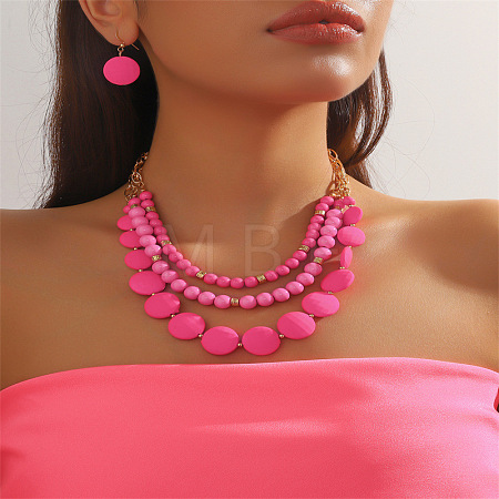Resin Flat Round & Round Beaded Multilayer Necklaces & Dangle Earrings Sets FS-WGD0E94-03-1