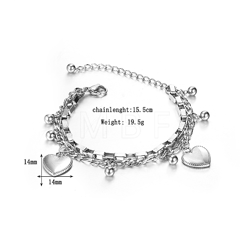 Stainless Steel Peach Heart Double Layer Charm Bracelets for Women FV3388-1