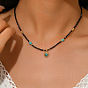 Vintage Stainless Steel Pave Synthetic Turquoise Heart Pendant Glass Faceted Round Beaded Necklaces for Women UN1640-1