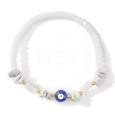 Natural Howlite Chip & Brass Evil Eye & Glass Beaded Stretch Bracelets for Daily Wear PI9480-2-1
