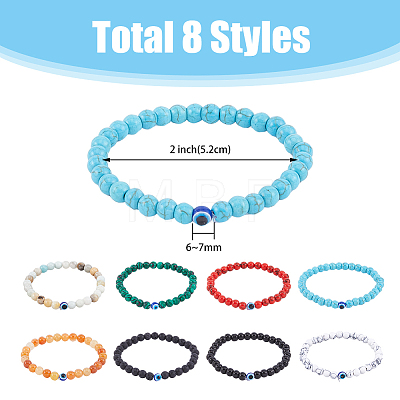 FIBLOOM 8Pcs 8 Style Natural & Synthetic Mixed Gemstone & Evil Eye Round Beaded Stretch Bracelets Set BJEW-FI0001-48-1