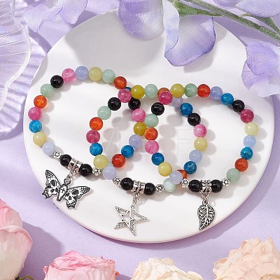 3Pcs 3 Styles 8mm Round Mixed Gemstone Beaded Stretch Bracelet Sets BJEW-JB10830-1