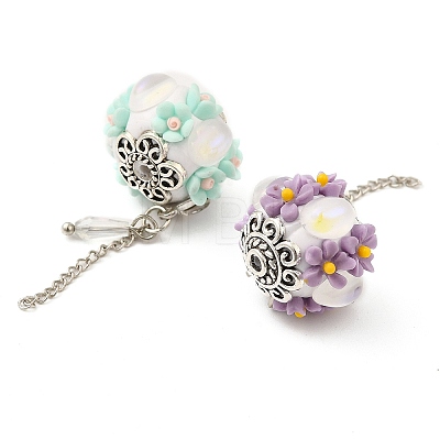 Polymer Clay Pave Rhinestone Beads with Resin Flower CLAY-D007-02-1