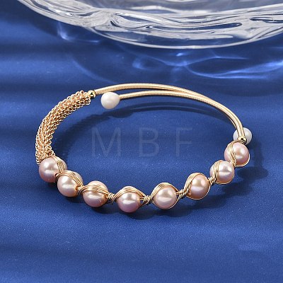 Brass Wire Wrapped Natural  Pearl Cuff Bangles for Women BJEW-D453-05G-1