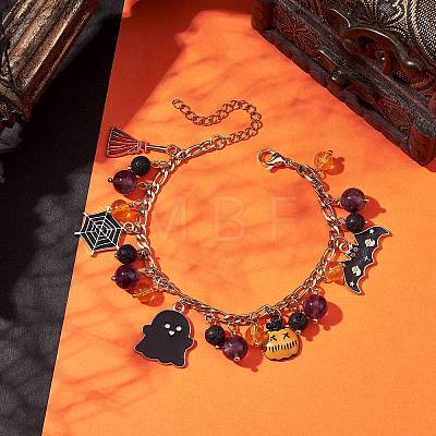 Halloween Natural Lava Rock and Glass Charms Bracelets BJEW-TA00475-1
