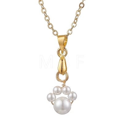 Shell Pearl 6mm Round Beaded Paw Print Pendant Necklaces NJEW-JN05171-03-1