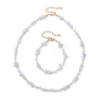 Natural Blue Lace Agate Chip & Dyed Natural Malaysia Jade & Synthetic Hematite & Shell Pearl Bead Necklace & Bracelets Sets SJEW-JS01377-1