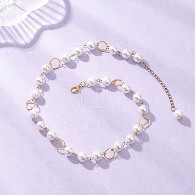 Round Shell Pearl with Brass Link Chain Necklaces for Women NJEW-JN05631-1