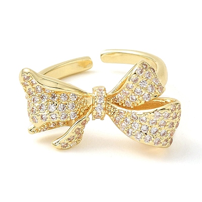 Bowknot Brass Micro Pave Clear Cubic Zirconia Open Cuff Rings for Women RJEW-C098-19G-1