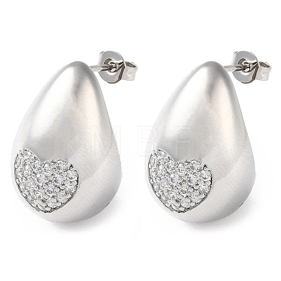 Teardrop with Heart Brass Micro Pave Clear Cubic Zirconia Stud Earrings EJEW-A034-02P-1