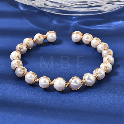 Brass Wire Wrapped Natural Pearl Open Cuff Bangles for Women BJEW-D453-04G-1