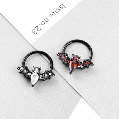 304 Stainless Steel Crystal Rhinestone Halloween Bat Hoop Nose Rings WG0E020-03-1