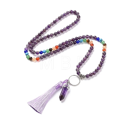 Natural Amethyst Bullet & Tassel Pendant Necklace with Mixed Gemstone Beaded Chains NJEW-E585-02C-1