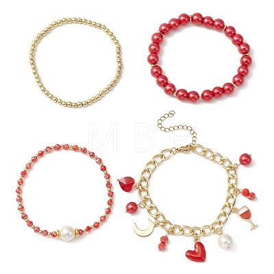 4Pcs 4 Style Glass & Shell Pearl Beaded Stretch Bracelets Set BJEW-TA00289-1