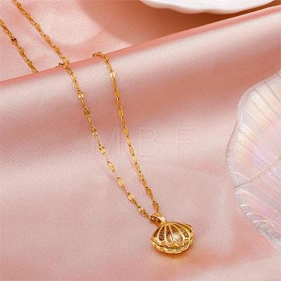 Seashell Pearl Necklace Clear Cubic Zirconia Shell Cage Dangle Necklace Summer Scallop Choker Charm Titanium Steel Jewelry for Women Beach JN1114A-1