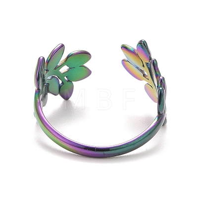 Ion Plating(IP) Rainbow Color 304 Stainless Steel Leaf Open Cuff Ring for Women RJEW-C025-09M-1