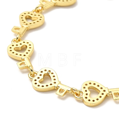 Clear Cubic Zirconia Hollow Heart Key Link Chain Bracelet BJEW-A132-14G-1