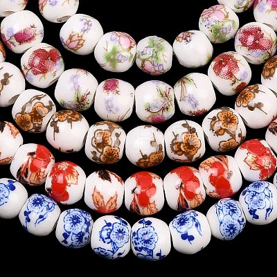 Floral Printed Porcelain Beads PORC-L004-6mm-M-1