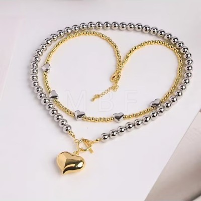 Two Tone CCB Plastic Heart Pendant Round Beaded 2-Strand Necklaces for Women WG9A686-01-1