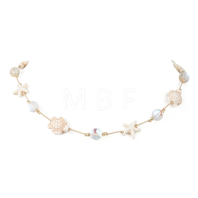 Ocean Starfish Turtle Synthetic Turquoise & Round Moonstone Beaded Adjustable Waxed Nylon Cord Necklaces for Women NJEW-TA00234-1