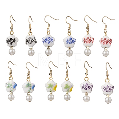 Porcelain & ABS Plastic Imitation Pearl Round with Flower Dangle Earrings EJEW-JE06841-1