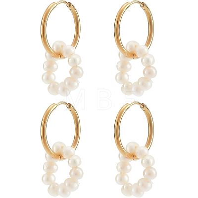  2 Pairs Natural Pearl Beaded Ring Dangle Hoop Earrings for Girl Women EJEW-NB0001-06-1