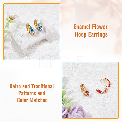 FIBLOOM 3 Pairs 3 Colors Brass Flower Pattern Hoop Earrings EJEW-FI0003-07-1