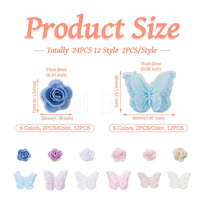 Beadthoven 24Pcs 12 Style 3D Rose Organgza Lace Embroidery & Butterfly Ornament Accessories DIY-BT0001-48-1