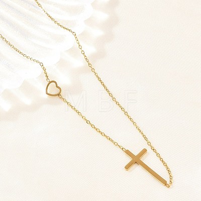 Religion 304 Stainless Steel Heart Cross Link Chain Necklaces NJEW-H093-03G-1