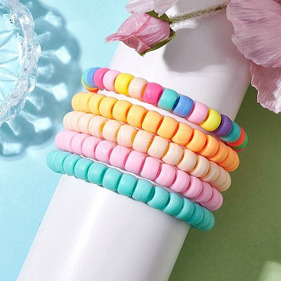5Pcs 5 Colors Rondelle Opaque & Frosted Acrylic Beaded Stretch Bracelet Sets BJEW-JB10305-1