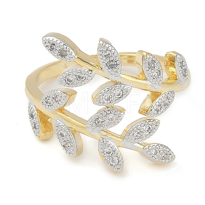 Leaf Brass Micro Pave Clear Cubic Zirconia Cuff Ring for Women RJEW-Q819-24G-1