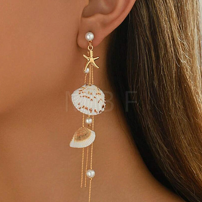 Shell Shape & Starfish 304 Stainless Steel Tassel Stud Dangle Earrings FS-WGDFBF8-01-1