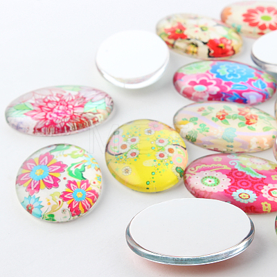 Multi-Color Floral Pattern Theme Ornaments Glass Oval Flatback Cabochons GGLA-A003-18x25-SS-1