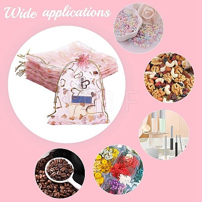 100Pcs Gold Stamping Heart Organza Gift Bags OP-PH0001-37B-1