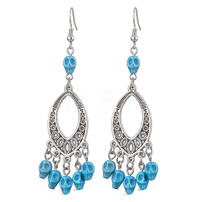 Halloween Skull Dyed Synthetic Turquoise & Alloy Dangle Earrings EJEW-JE05890-05-1