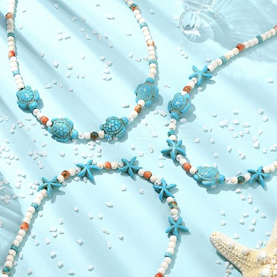 3Pcs 3 Styles Ocean Dyed Synthetic Ocean White Jade & Shell Pearl & Synthetic Turquoise Starfish Turtle Beaded Necklaces NJEW-JN06276-1